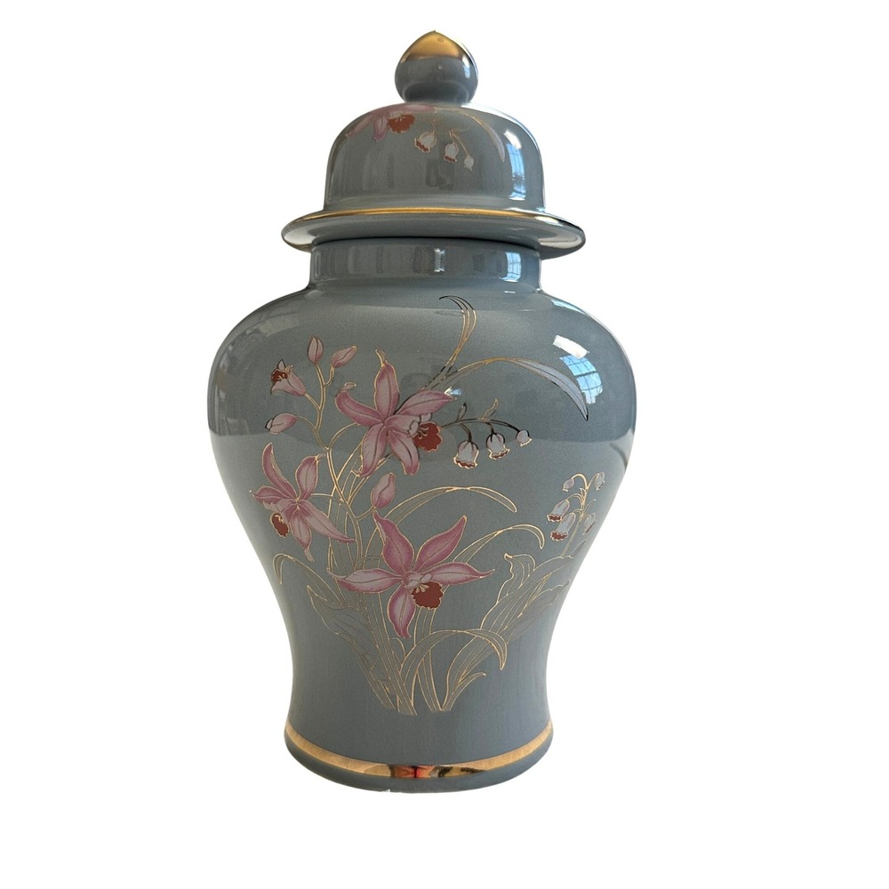 VTG Fine China Japan Ginger Jar Urn 8.5in Gray Floral‎ Gold Japandi